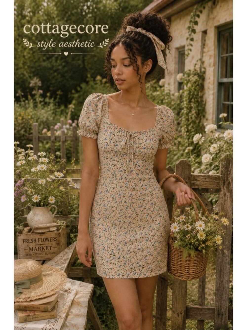 IRIS Floral Puff Sleeve Mini Dress Women’s Large Cottagecore Milkmaid Bodycon St